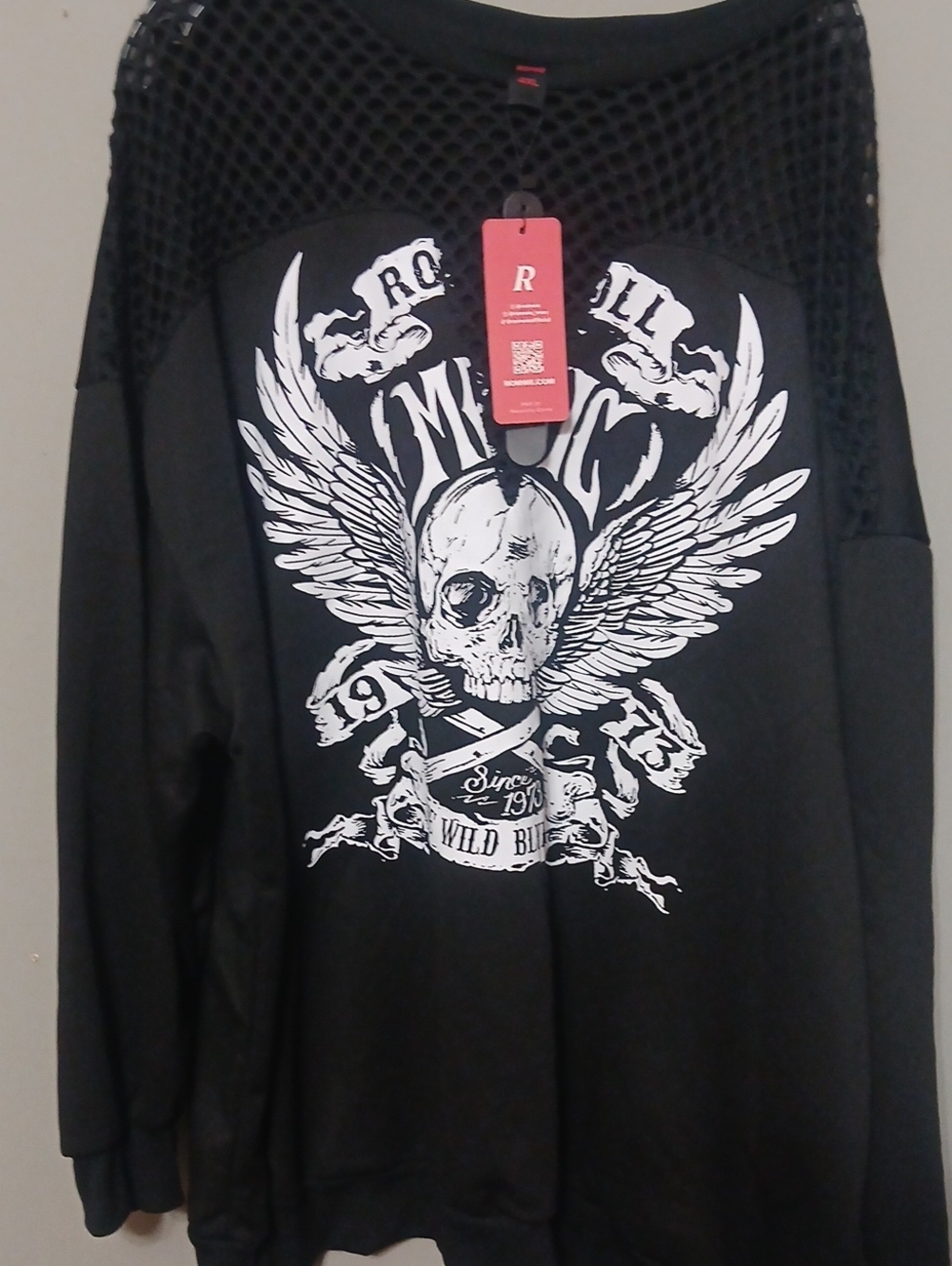 ROMWE Black Women's Skull Wing Graphic Mesh Yoke Sweatshirt
